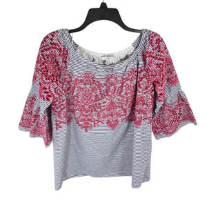 {FEVER} Blue White Striped Red Eyelet Embroidery Blouse - Size Medium